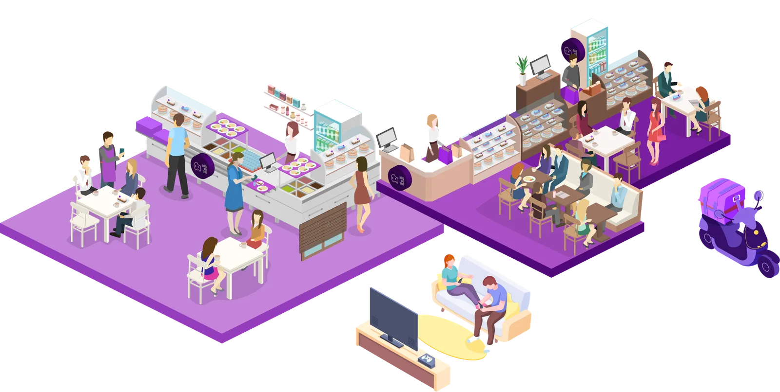 ilustração de uma loja com as soluções do aiqfome